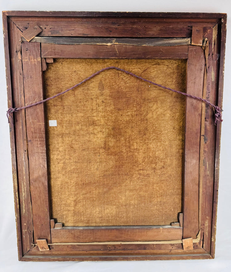 Back view of the Victorian portrait showing the original canvas, wooden stretcher, and aged frame