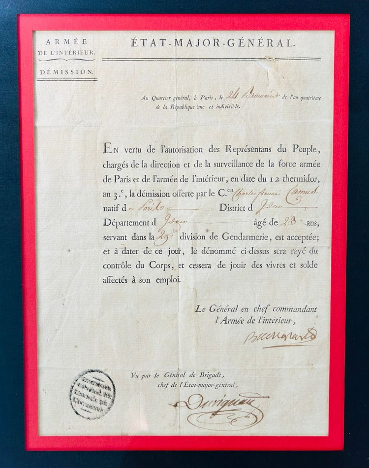 1795 signed letter by Napoleon Bonaparte, written as “Buonaparte,” showcasing his early military correspondence as Commander-in-Chief, with clear ink signature and official French seal.