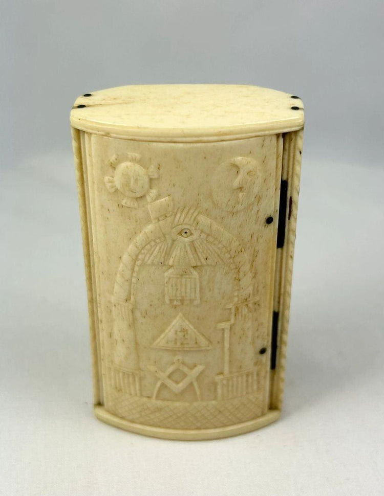 Antique Napoleonic Wars snuff box, hand-carved bone with Masonic symbols including Square and Compasses, All-Seeing Eye, Sun and Moon, crafted by French POWs in Britain circa 1795–1815.