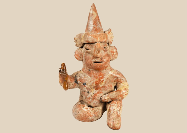 Nayarit seated terracotta figure with tall cone headdress and earspools, West Mexico artifact