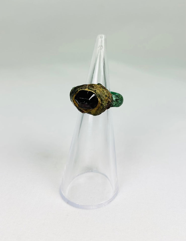 Ancient Neo-Assyrian bronze ring with deep red garnet intaglio