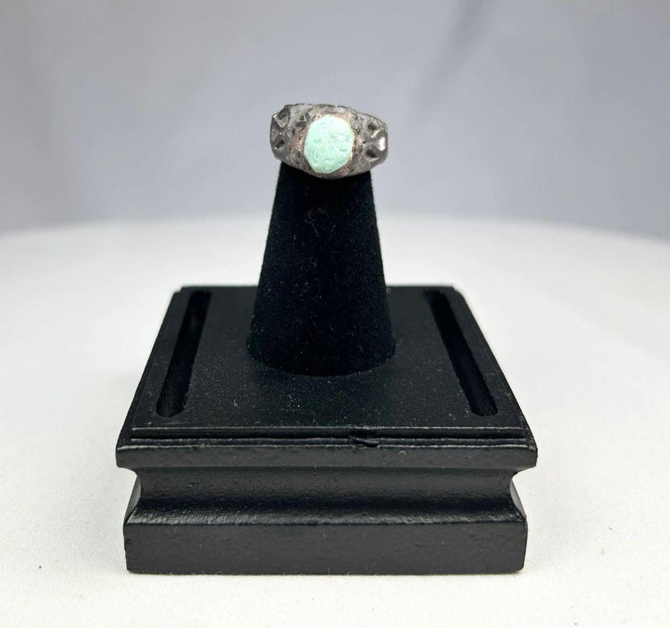 Ancient Neo-Assyrian silver ring from Mesopotamia 9th–7th century BCE with turquoise bezel