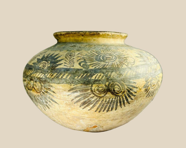 Prehistoric European terracotta jar with bulbous body, narrow neck, and hand-painted spiral, floral, and geometric motifs, circa 5500–4500 BCE, attributed to the Linear Pottery or Vinca culture.