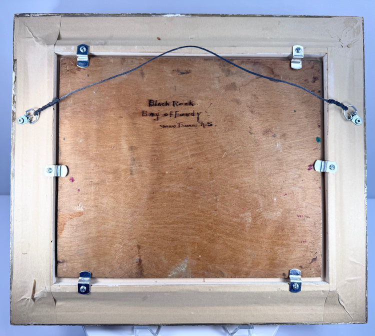 Painting’s reverse showing the panel backing, frame fittings and hanging wire.