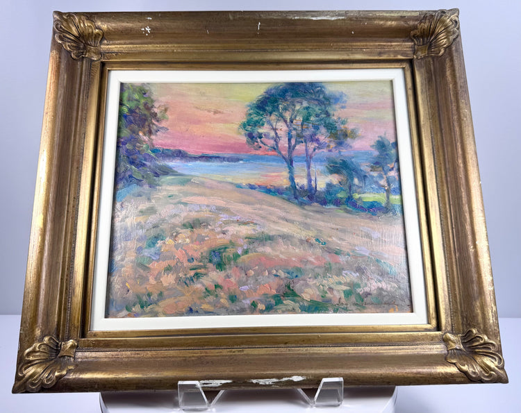 Framed oil on panel depicting Black Rock near Truro, with a grassy foreground and distant water.