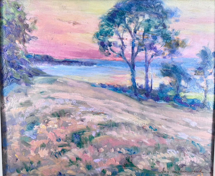 Nova Scotia landscape with textured brushwork, blue-green trees and a softly coloured coastal horizon.