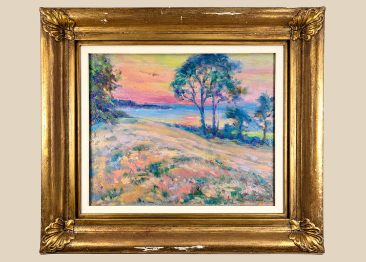 Original oil on panel painting depicting the rugged coastline of Black Rock, Bay of Fundy, Nova Scotia, with impressionistic brushwork, vibrant skies, and coastal landscape; framed in a gold wooden frame, signed in lower right by artist “Guy.”