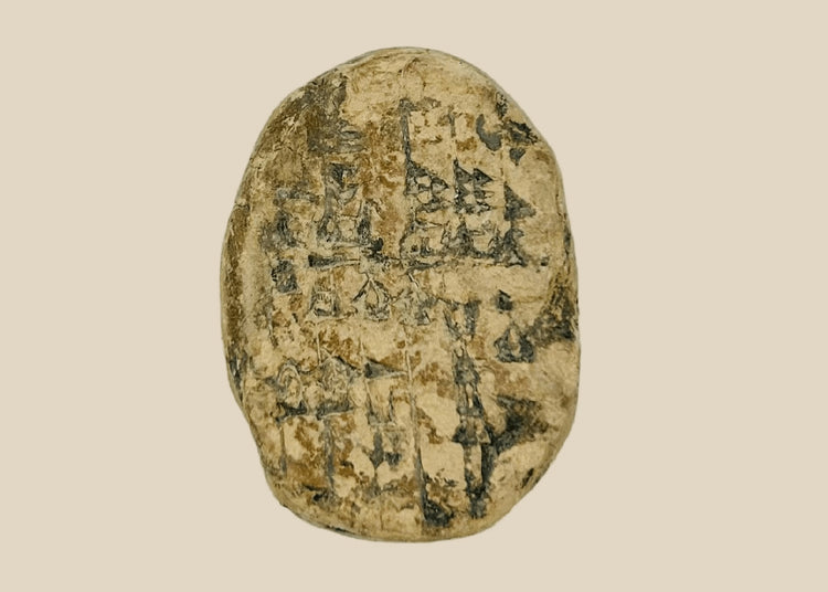 Old Babylonian baked clay cuneiform tablet, 1900–1600 BCE Mesopotamia, bi-faced lenticular school tablet with student practice inscriptions, earthen patina and mineral accretions