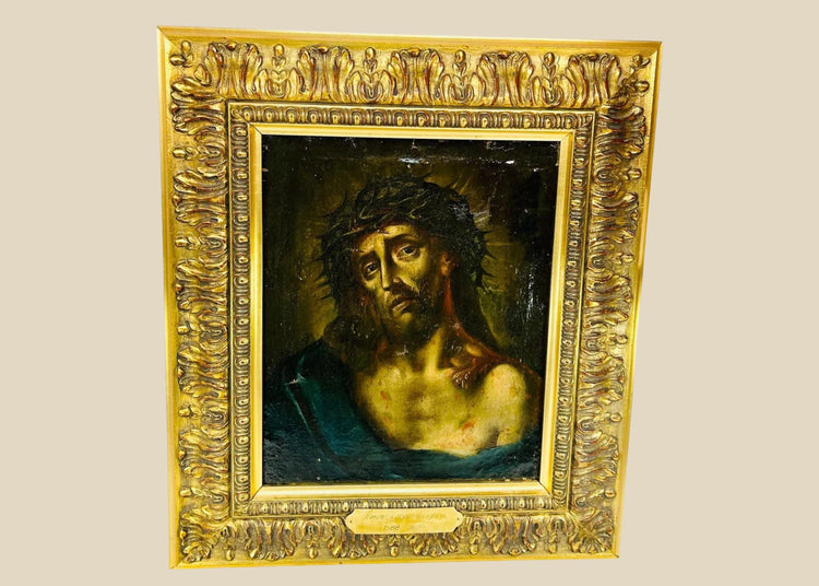 Old Master Ecce Homo oil painting of Jesus crowned with thorns in dramatic Caravaggesque lighting within an ornate gilded Baroque frame.