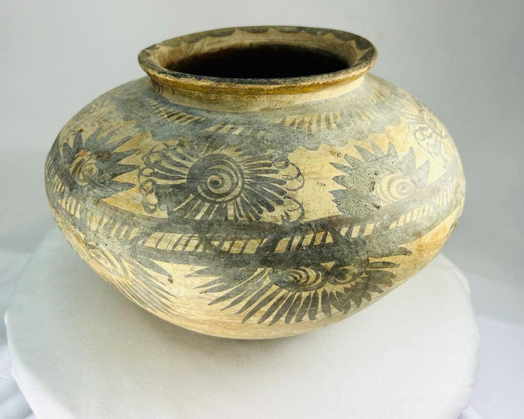 Detail of stylized floral decoration painted in dark mineral pigment on Otomí-style pottery