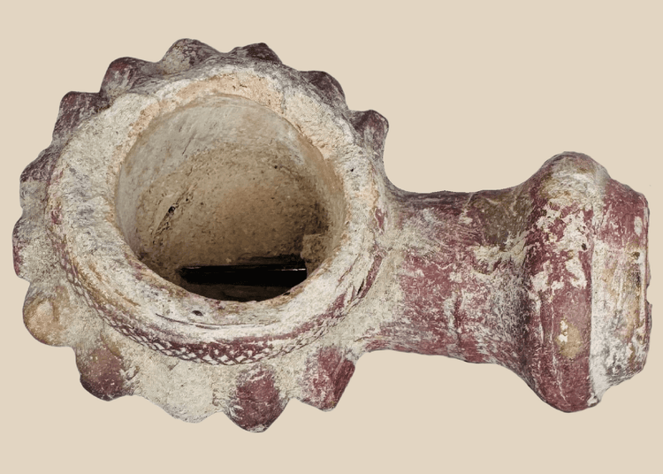 Late Ottoman terracotta tobacco pipe bowl with scalloped floral rim