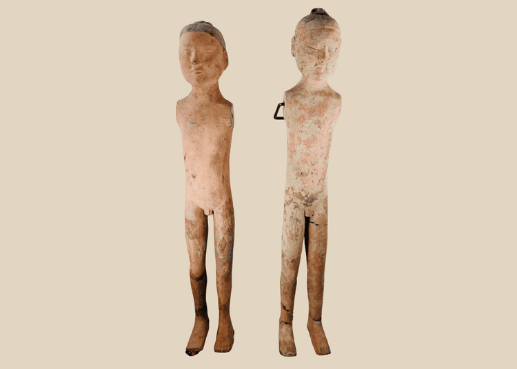 Pair of Western Han Dynasty terracotta male funerary figures with surviving polychrome pigment