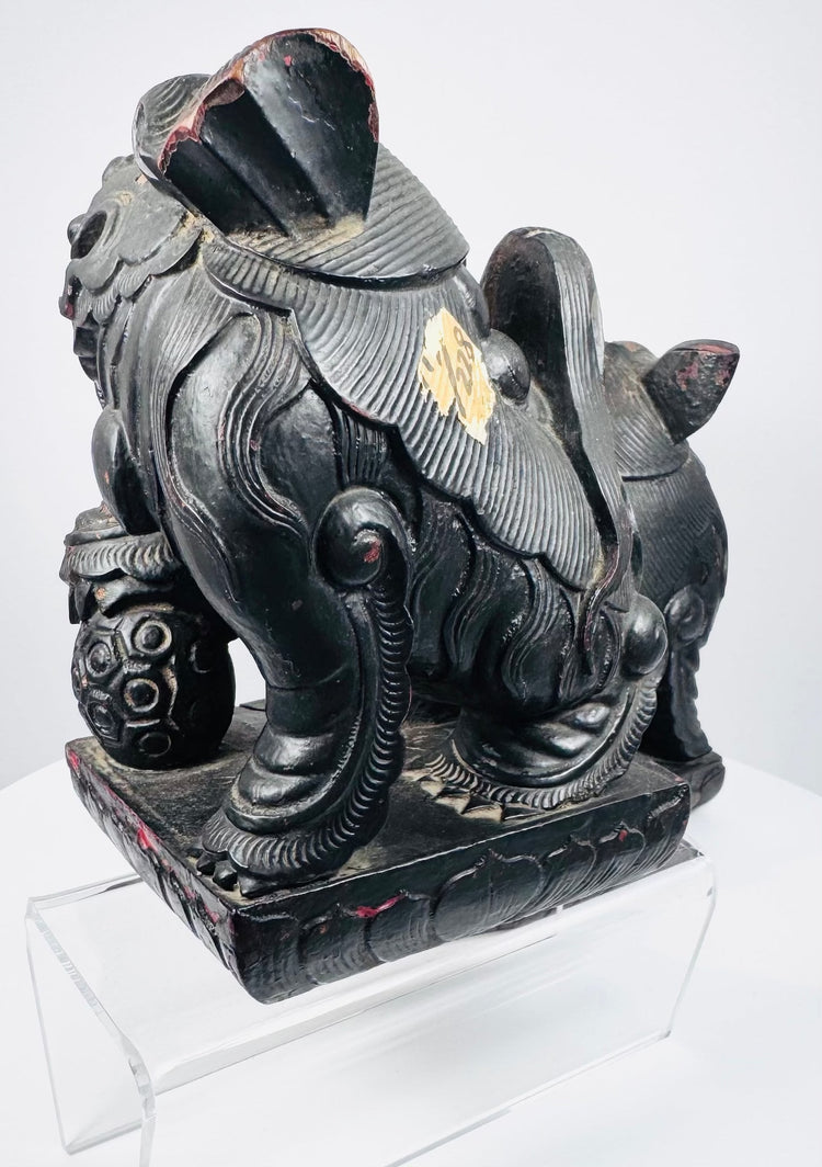 Angled view of antique Qing Dynasty guardian lion showing carved brocade ball, ornamental collar and lotus-petal base
