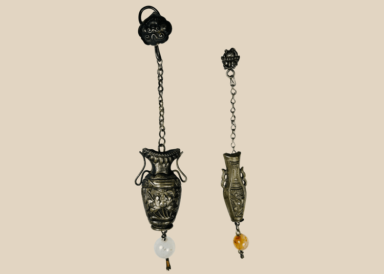 Antique Chinese silver suspended ornament with jade bead, late Qing Dynasty