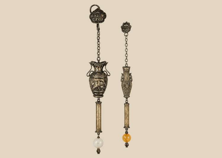 Antique Chinese silver suspended ornament with jade bead, late Qing Dynasty