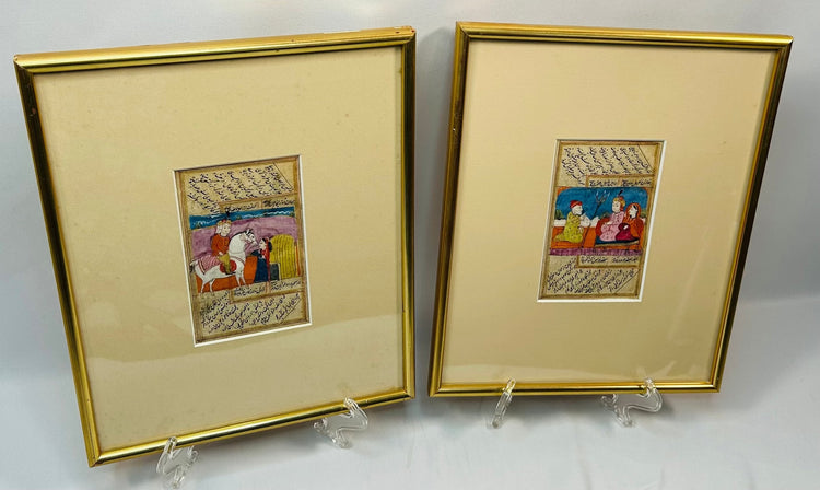 Framed Indo-Persian manuscript leaves depicting noble court scenes with Persian script