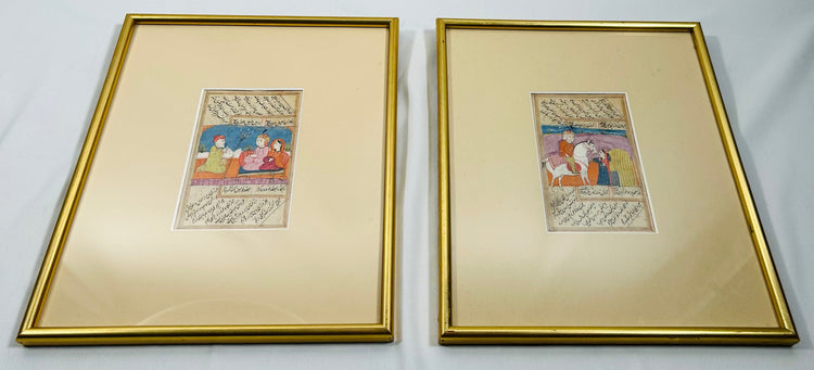 Pair of Mughal-era miniature paintings with Persian calligraphy and painted borders