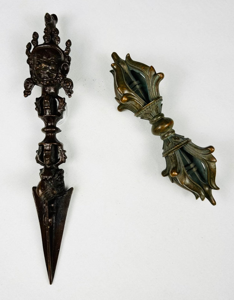 Antique Tibetan Buddhist phurba and double vajra ceremonial implements