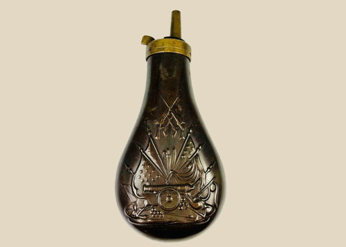 Mid-19th Century American Powder Flask, Embossed Stand of Arms, Civil War Era