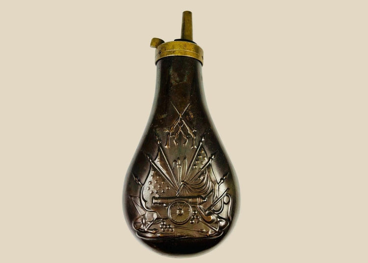 Mid-19th Century American Powder Flask, Embossed Stand of Arms, Civil War Era