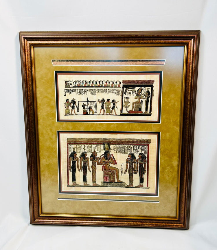 Modern reproduction of Ancient Egyptian papyrus with ritual scenes, framed with gold and black mat
