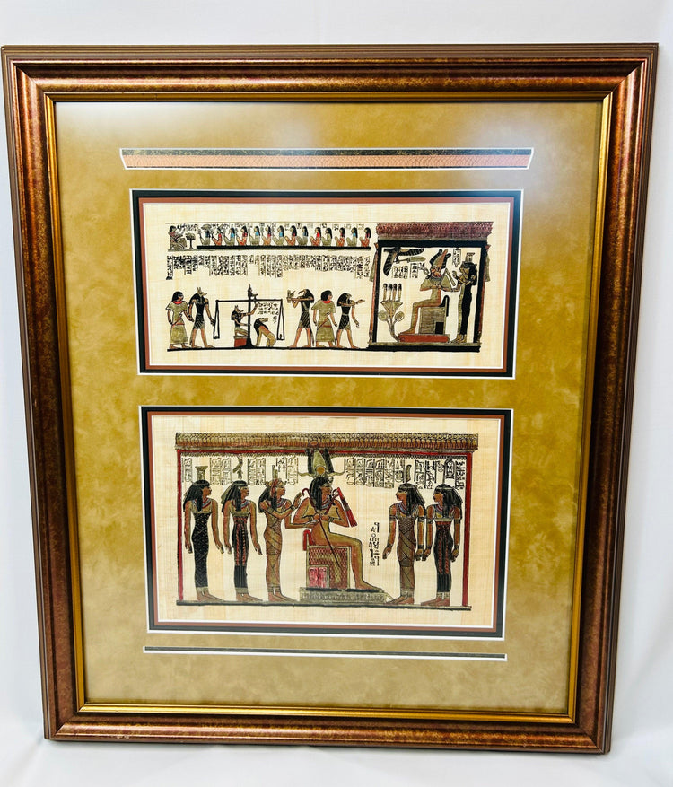 Ancient Egyptian ritual and funerary scene on papyrus, modern framed reproduction