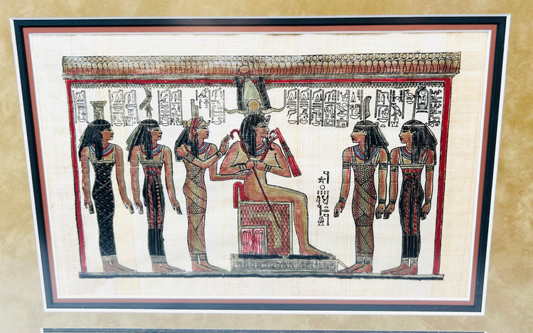 Framed papyrus art with Egyptian hieroglyphs, gods, and ritual imagery, gold and black mat