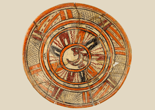 Ancient Mesoamerican polychrome ritual plate with vivid zoomorphic motif and geometric border, circa 300 BCE–300 CE.