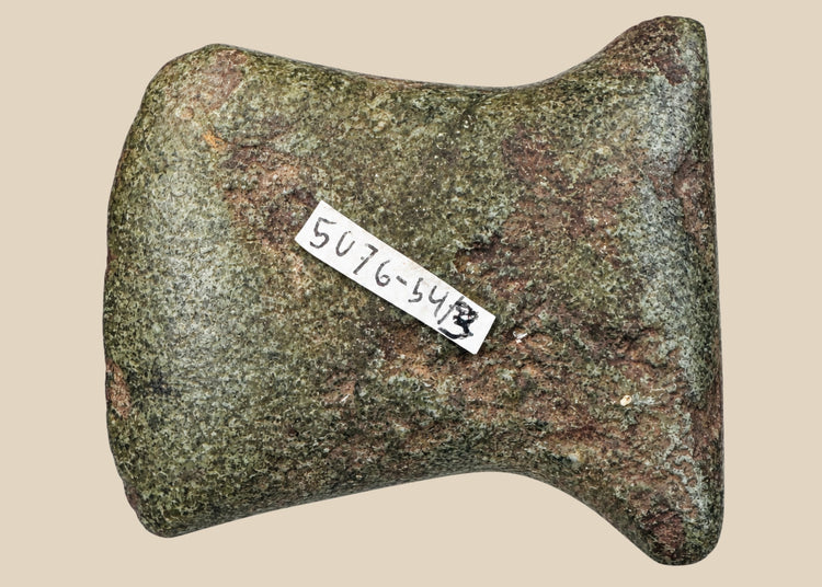 Small Pre-Columbian Andean ground-stone notched axe from Ecuador or Peru, circa 500–1500 CE. Utilitarian tool with steep beveled edge, rounded cutting surface, and side notches for hafting. Evidence of repeated sharpening and use-wear reflects practical daily use in woodworking and agriculture. Original archaeological tag included.