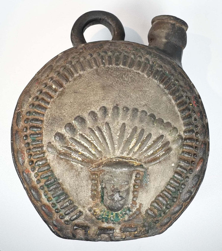Pre-Columbian blackware flask with geometric patterns and sculptural detailing