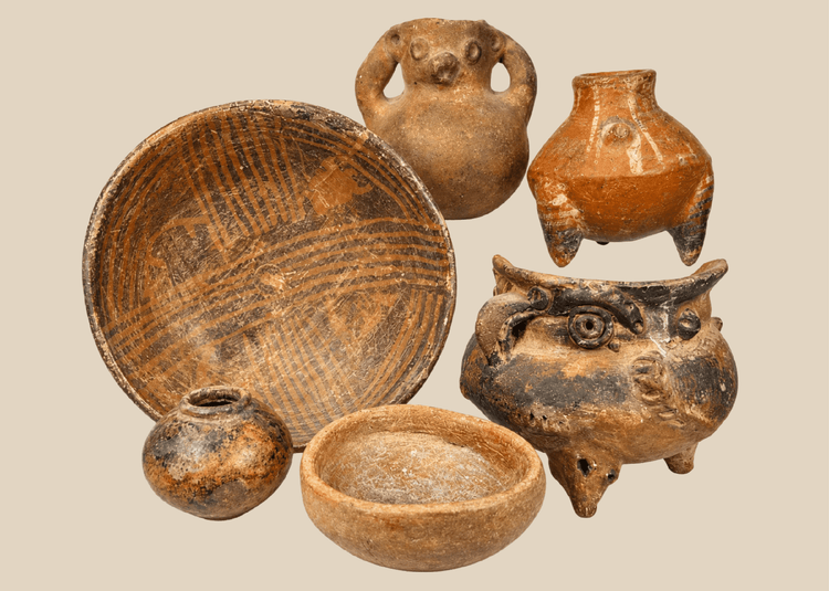 Pre-Columbian ceramic artifact collection featuring six vessels including effigy forms and painted pottery