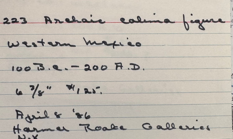Original handwritten McMillan Collection inventory notes documenting the second Ancient Pre-Columbian Colima Gingerbread terracotta figure, including acquisition, dating, and collection records