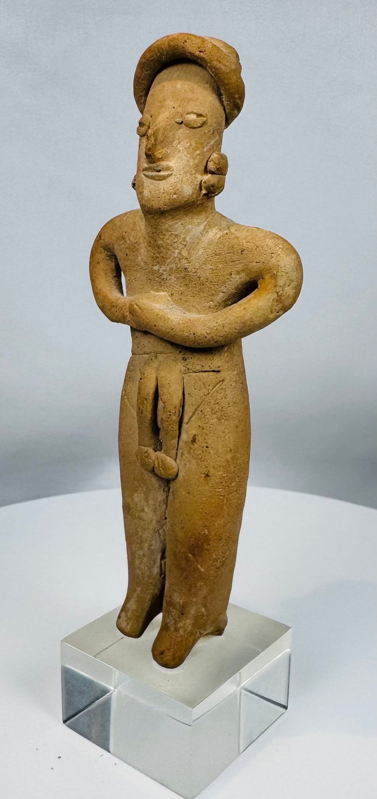 Ancient Colima funerary figure crafted from hand-modeled terracotta, dating to 300 BCE–300 CE.