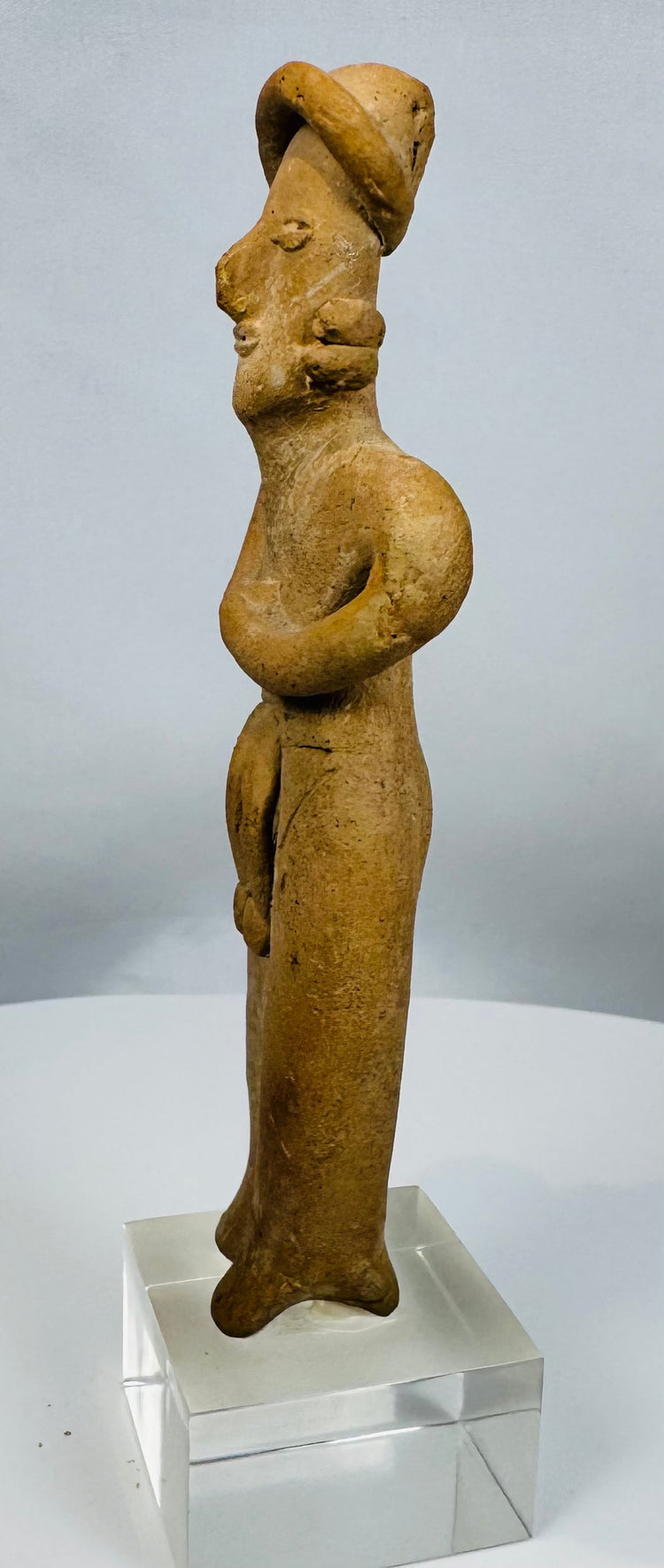 Pre-Columbian Colima ceramic female sculpture associated with ancient shaft tomb traditions.