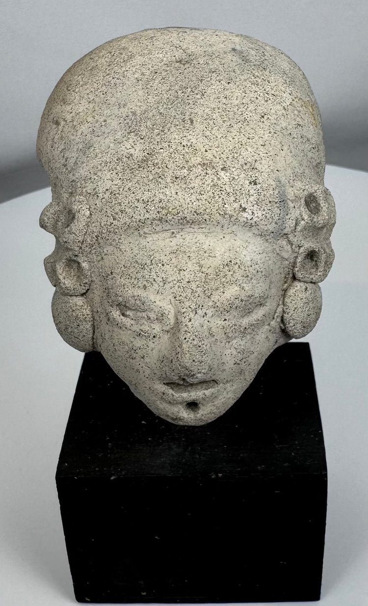 Terracotta human head from the Colima, Jalisco, or Nayarit region mounted on a custom display stand.