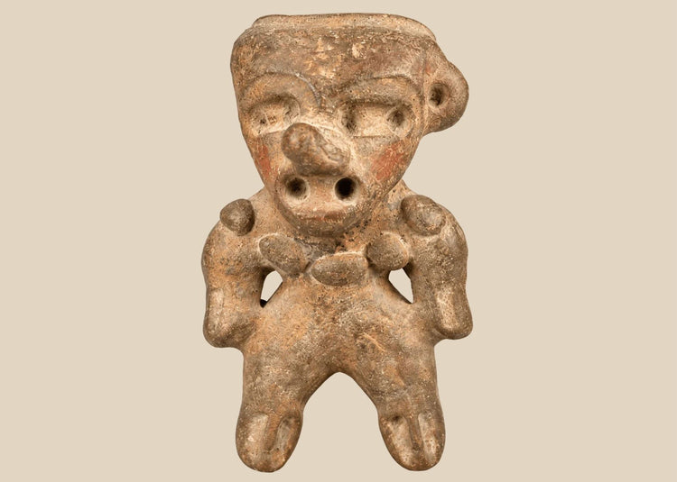Pre-Columbian terracotta ritual figure sculpture with stylized head and bent arms