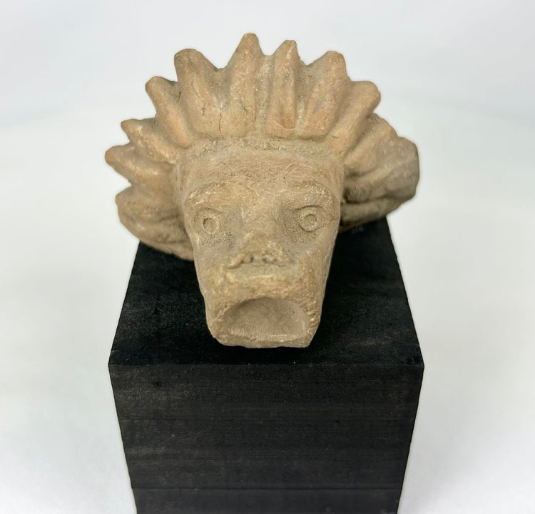 Pre-Columbian Mesoamerican stone head fragment mounted for museum-style display