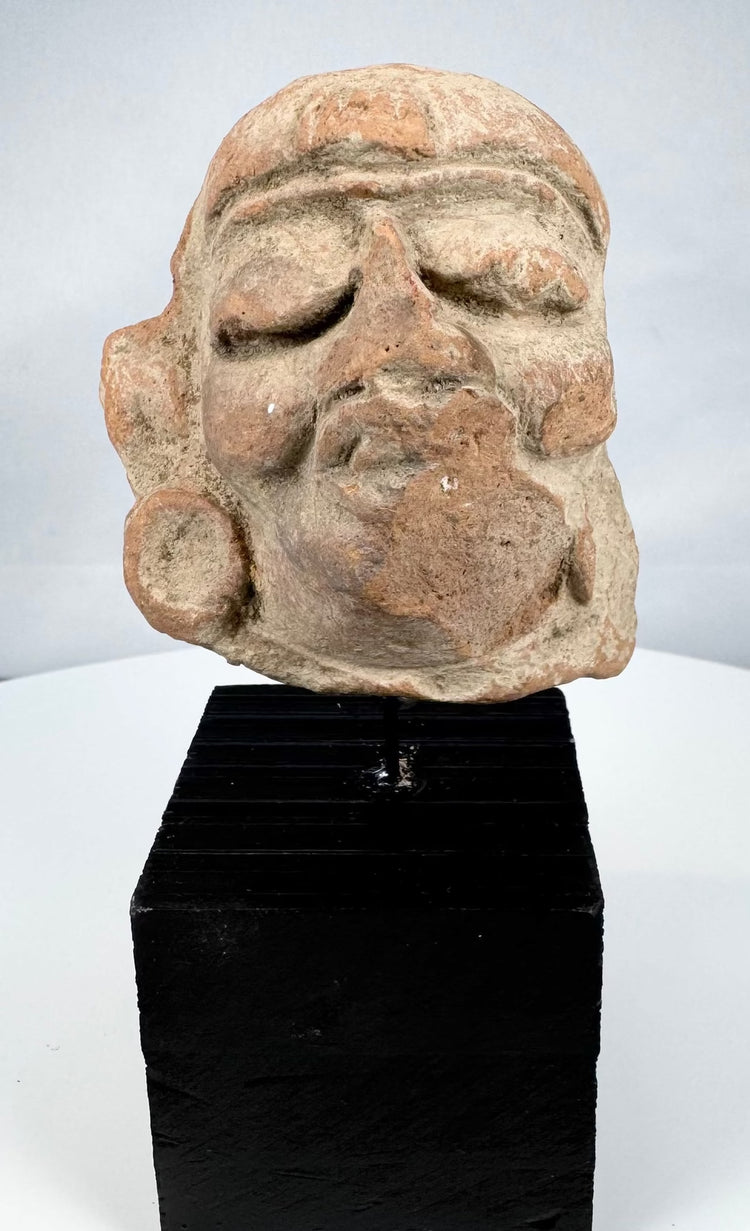 Pre-Columbian sculptural head fragment mounted on a modern display stand