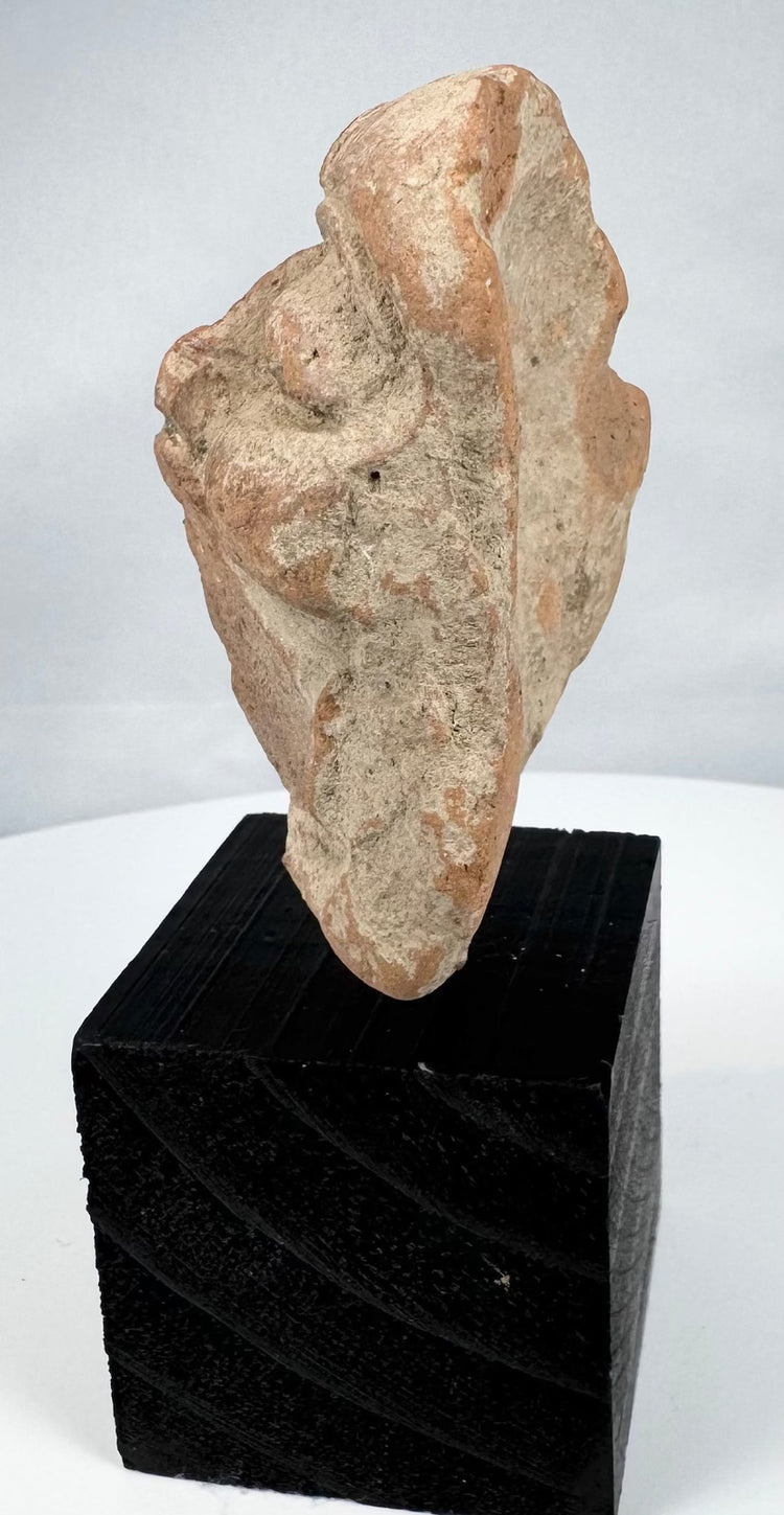 Ancient Mexican terracotta face with raised forehead band and archaeological surface deposits