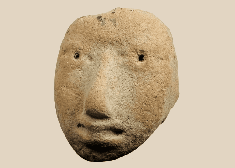 Pre-Columbian terracotta human head fragment with stylized facial features mounted on a custom display stand.