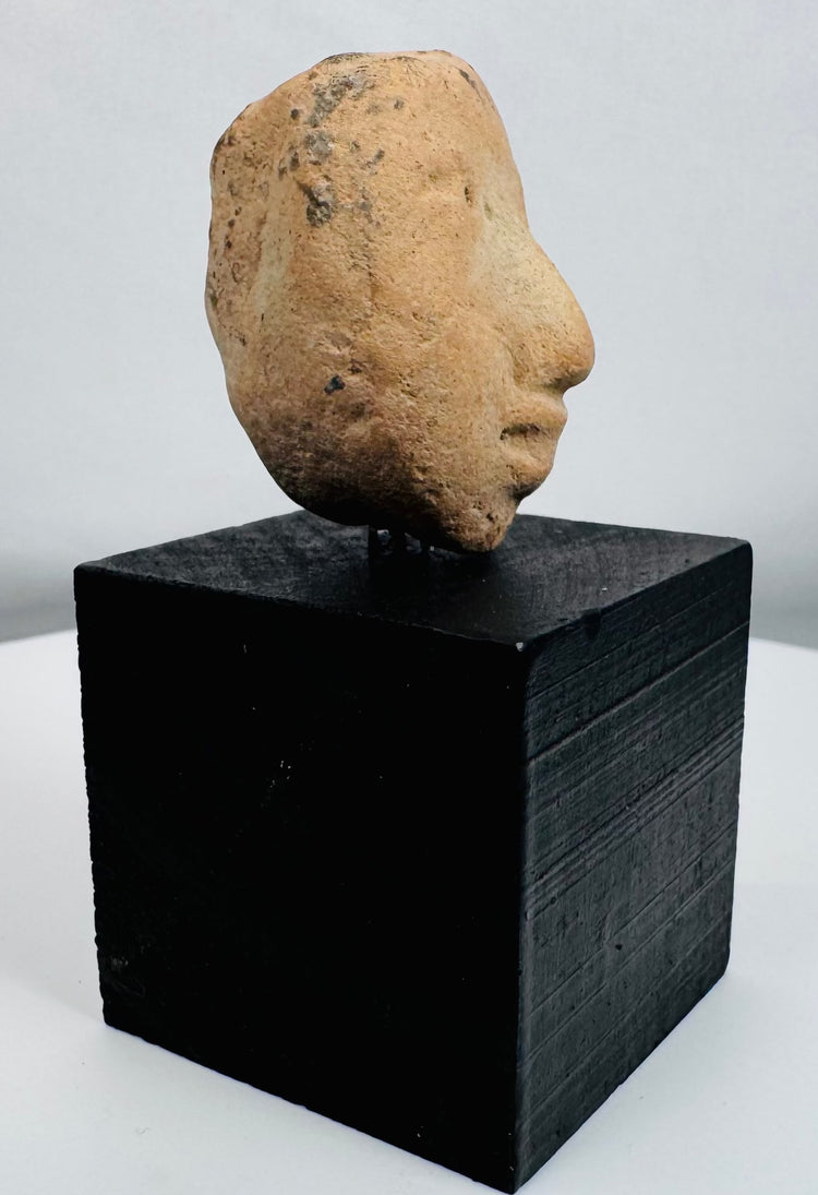 Ancient American terracotta head fragment preserving a serene expression and rounded facial form.