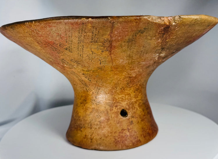 Pre-Columbian pedestal pottery vessel with broad rim and authentic aged patina
