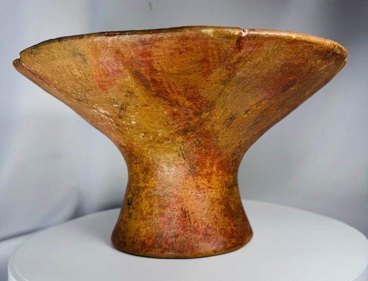 Pre-Columbian terracotta offering vessel with flared basin and hand-painted linear motifs