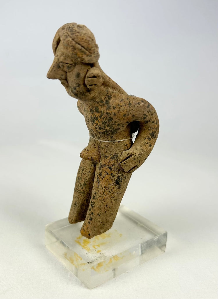 West Mexico hand-modeled terracotta funerary figure with tall headdress, Pre-Columbian period