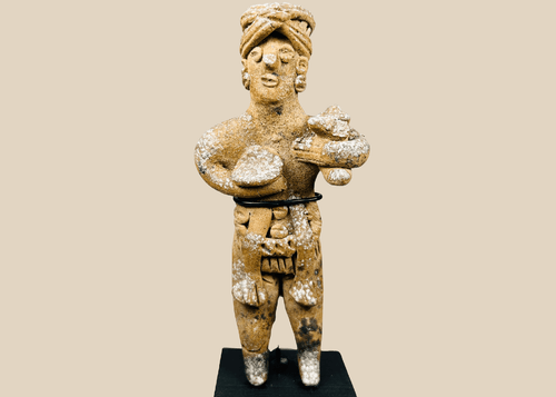 Ancient West Mexican standing terracotta figure with headdress and ornaments