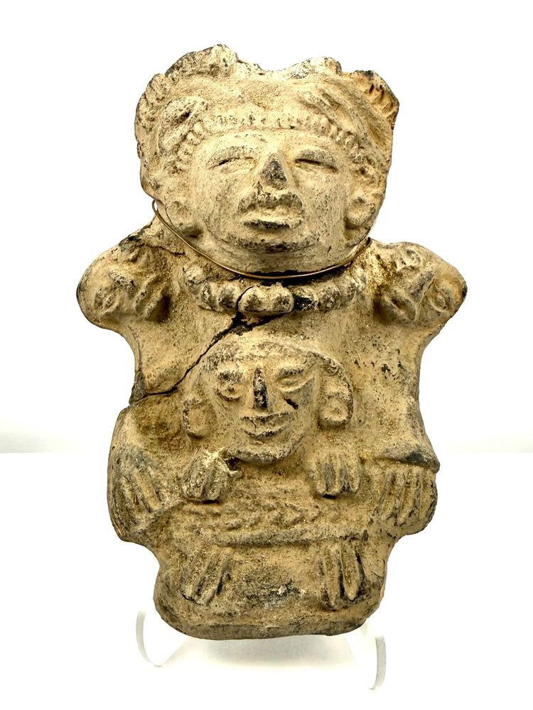 Pre-Columbian Veracruz dual-figure ceramic effigy with stacked figures and textured headdress