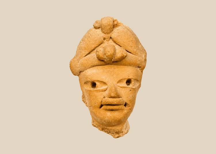 Ancient Pre-Columbian West Mexico terracotta head fragment mounted on stand