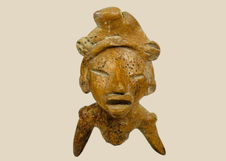 Ancient West Mexican terracotta figure fragment with headdress and expressive open mouth, dating 300 BCE–300 CE, mounted on a museum-style display stand.