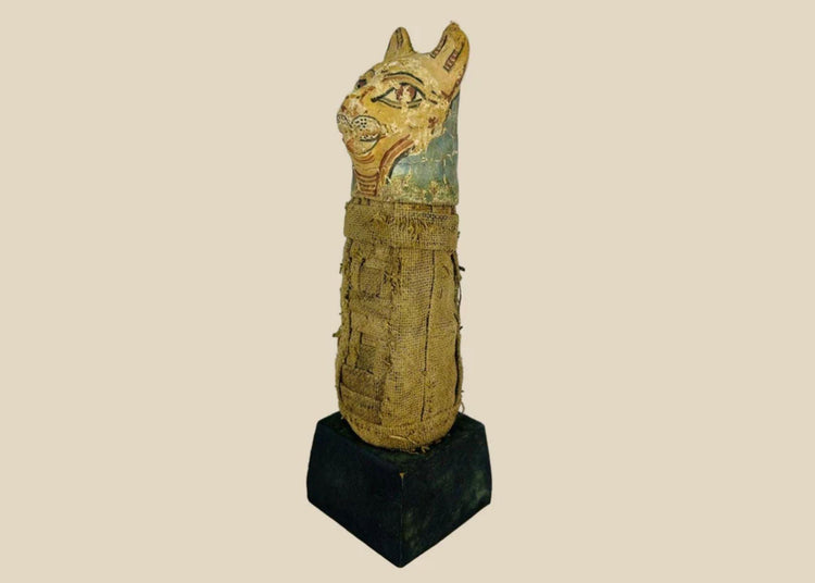 Ancient Egyptian cat mummy wrapped in linen, votive offering to Bastet, Ptolemaic Dynasty (300–100 BCE) displayed on black base.