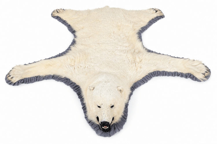 Overhead view of a vintage polar bear taxidermy rug with outstretched legs, natural ivory fur, and grey ruffled trim.